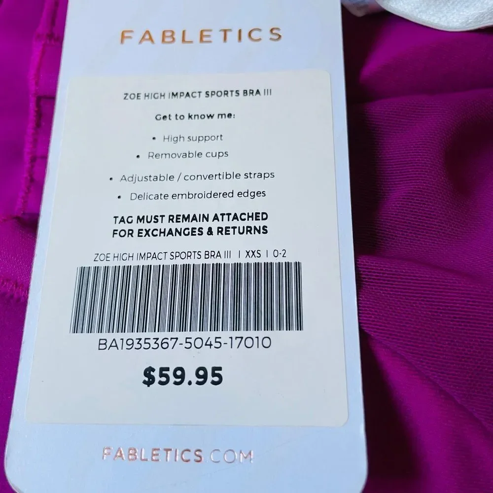 Fabletics Zoe high impact sports bra III size XXS magenta NWT